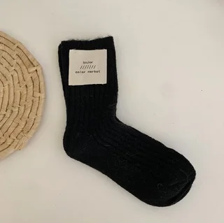 Winter Korean Style Mid Tube Pure Color Thickening Keep Warm Knit Socks - Black