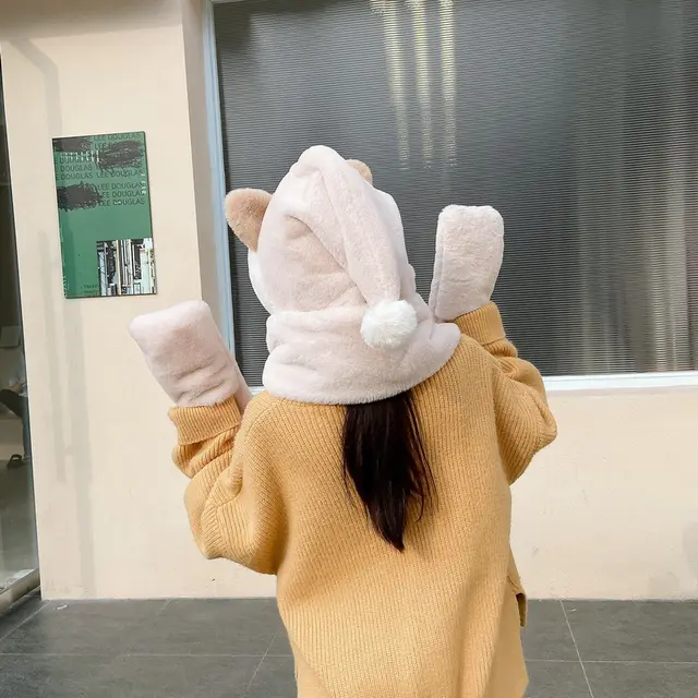 Cat Scarf Hat Gloves One Faux Rabbit Fur Cute Ear Protection Beige - Shop at LoveMi