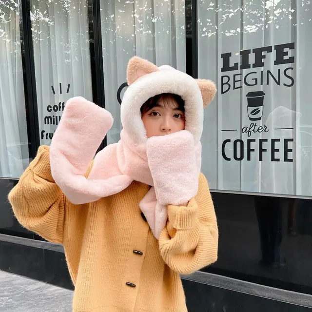 Cat Scarf Hat Gloves One Faux Rabbit Fur Cute Ear Protection Snow Tooth - Shop at LoveMi