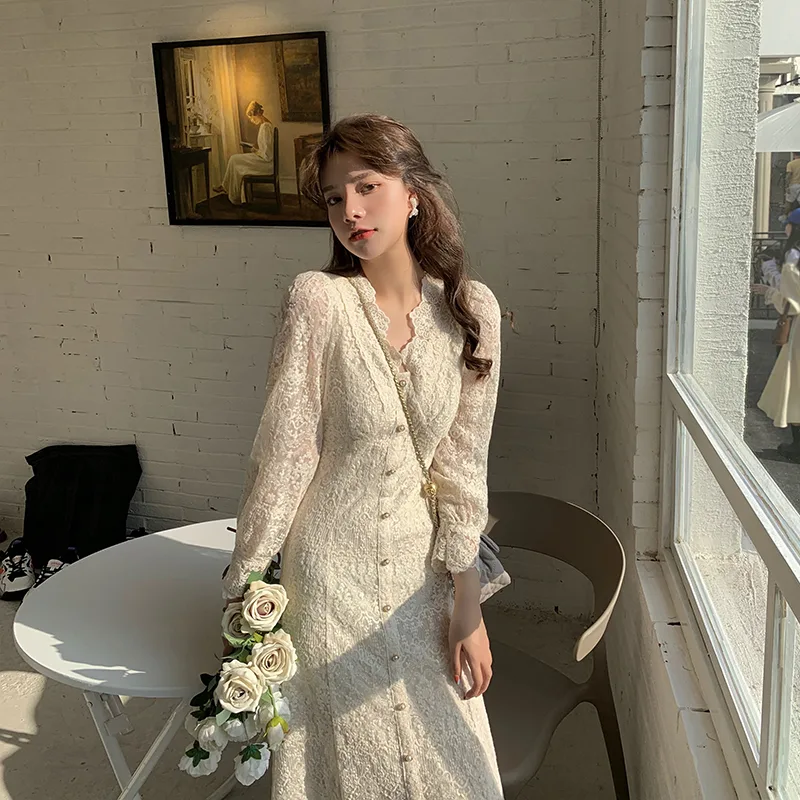 Women's French Gentle Dress With Lace Underneath Offwhite Regular Model - Shop at LoveMi