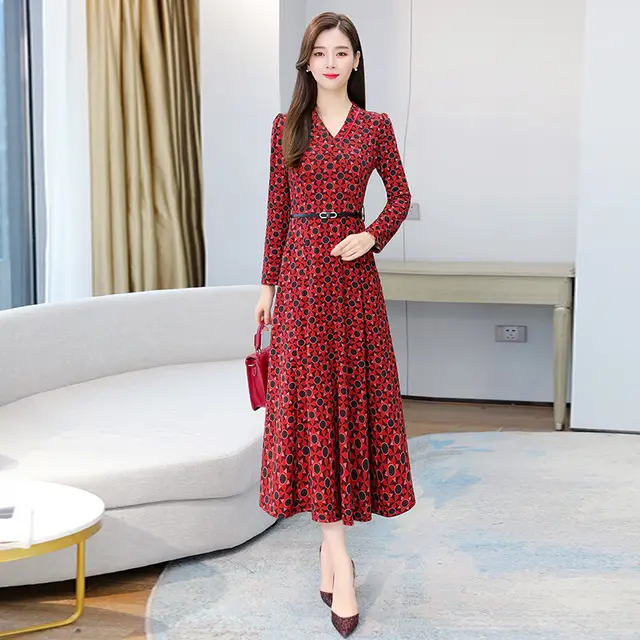 Elegant Autumn Winter Printed V neck Long Sleeve Dress Red - Shop at LoveMi