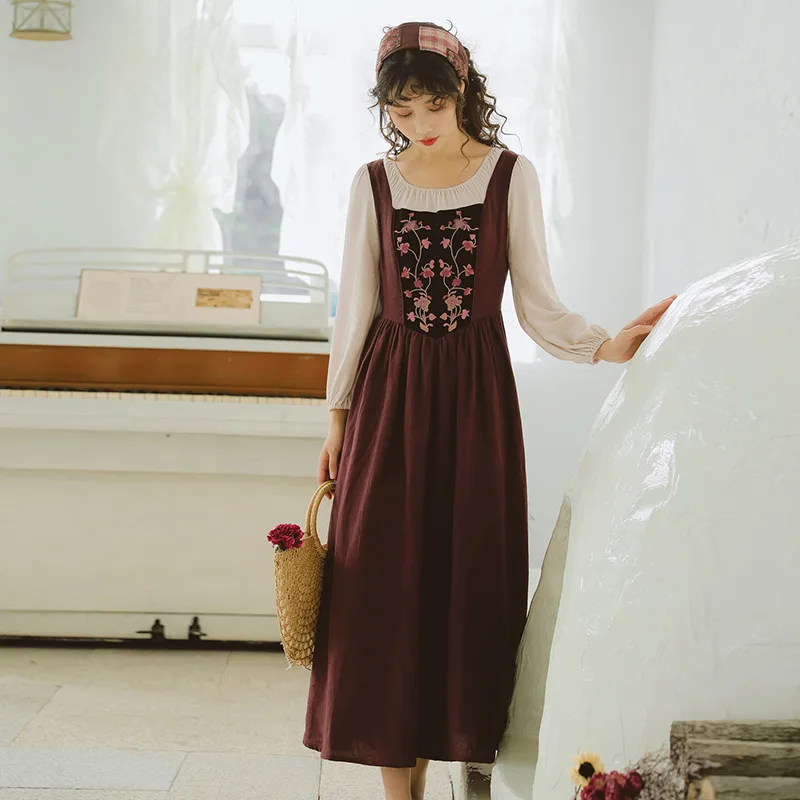 Pastoral Style Maid Shepherd Dress Long Sleeve Fairy Dress Coffee - Shop at LoveMi