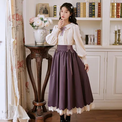 Long Sleeve Embroidered Floral Lace Double Layer Dress Set Mist Purple Suit - Shop at LoveMi