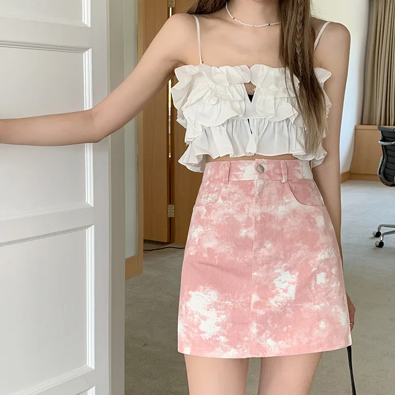 Large-sizeTie-dye Skirt High-waisted A-line Design Temperament - Pink