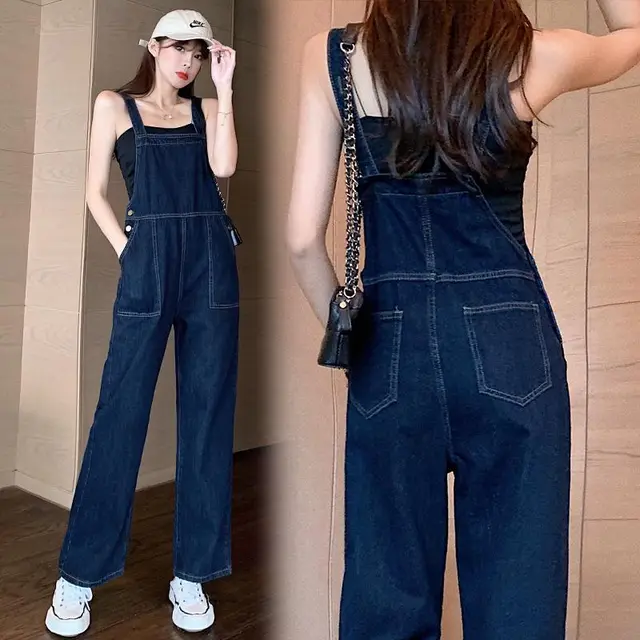 Women's Simple High waist Dark Denim Overalls Dark Blue - Shop at LoveMi