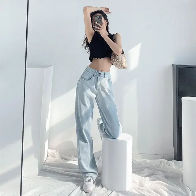 Loose Straight Wide Leg Jeans Large Size High Waist Crotch Cover Thin Casual Drape Light Blue - Shop at LoveMi