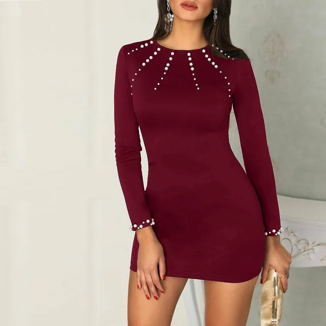 Temperament Commuter Round Neck Long sleeved Bubble Bead Sexy Slim Fit Hip Skirt Wine Red - Shop at LoveMi