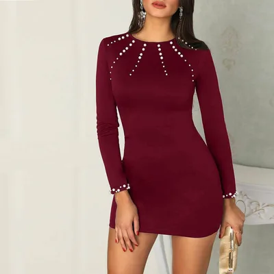 Temperament Commuter Round Neck Long sleeved Bubble Bead Sexy Slim Fit Hip Skirt Wine - Shop at LoveMi
