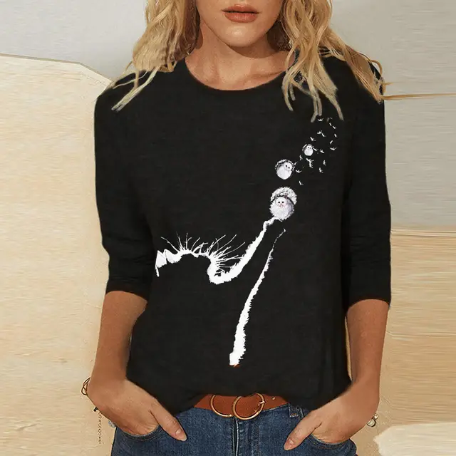 Knitted Long Sleeve Printed Round Neck Women's T Shirt Black3 - Shop at LoveMi
