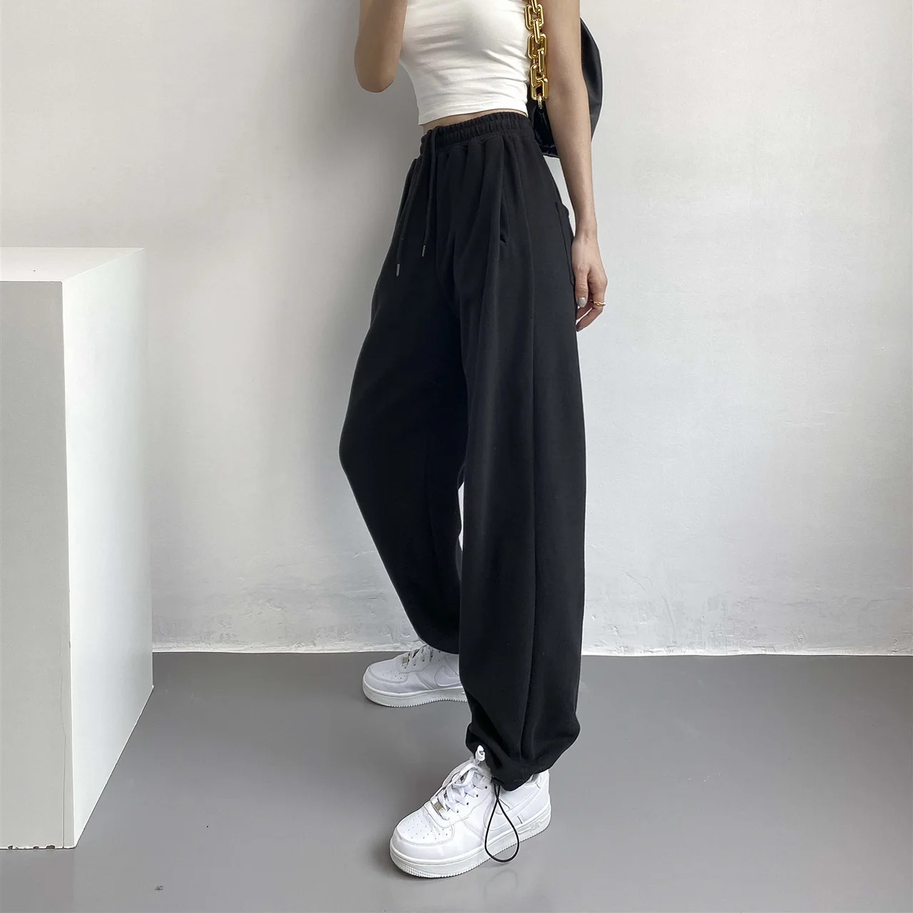 Drawstring Slim Wide-leg Leisure Trousers With Girdles - Black