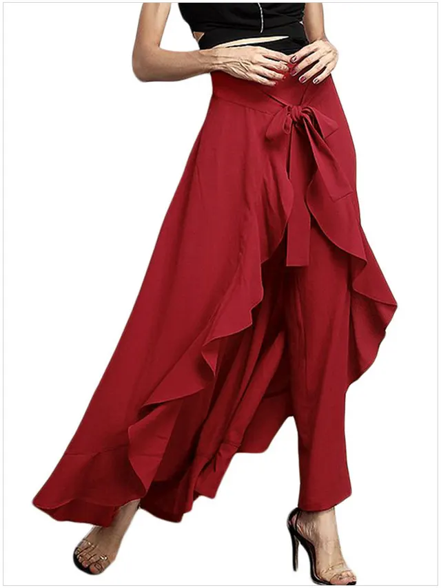 Wide leg Culottes, Irregular Chiffon Lotus Leaf Red - Shop at LoveMi
