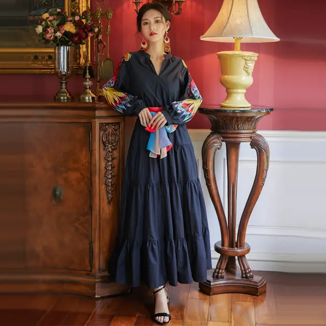 Phoenix Embroidered Contrast Silk Scarf Dress Black - Shop at LoveMi