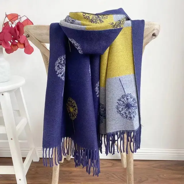 Ladies Warm Double sided Cashmere Multicolor Scarf Navy Blue - Shop at LoveMi