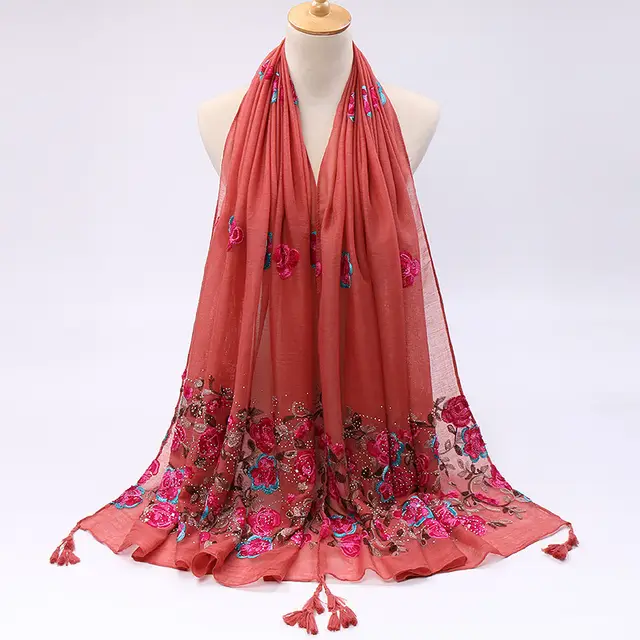 Pure Color Cotton And Linen Embroidered Hot Drilling Fringe Scarf Brick Red - Shop at LoveMi