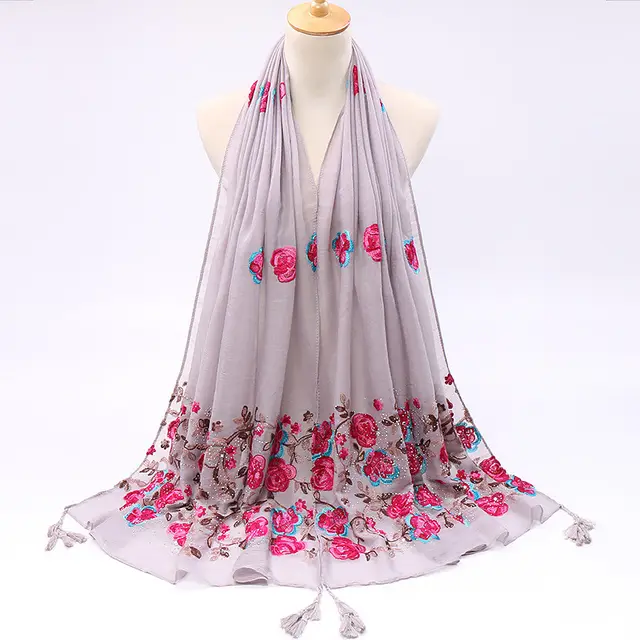 Pure Color Cotton And Linen Embroidered Hot Drilling Fringe Scarf Grey - Shop at LoveMi