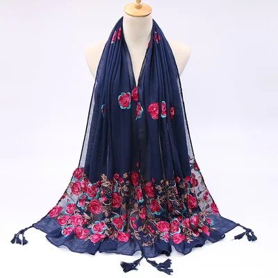 Pure Color Cotton And Linen Embroidered Hot Drilling Fringe Scarf Navy Blue - Shop at LoveMi