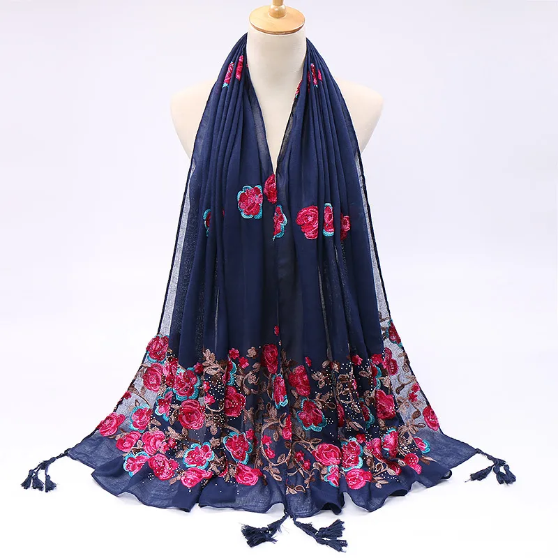 Pure Color Cotton And Linen Embroidered Hot Drilling Fringe Scarf - Navy Blue