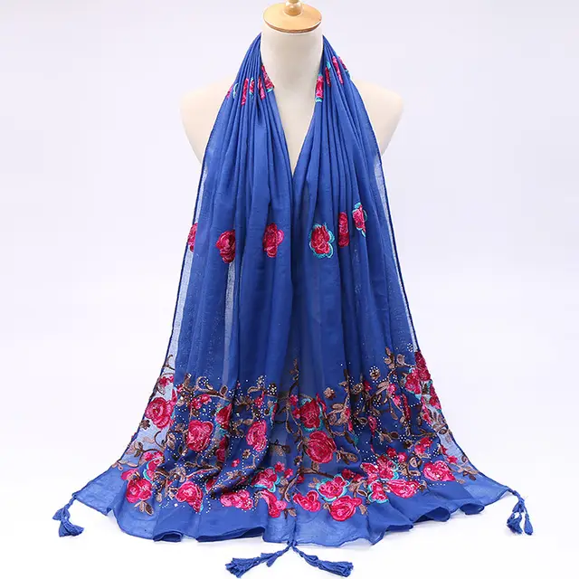 Pure Color Cotton And Linen Embroidered Hot Drilling Fringe Scarf Royal Blue - Shop at LoveMi