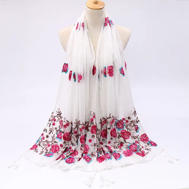 Pure Color Cotton And Linen Embroidered Hot Drilling Fringe Scarf White - Shop at LoveMi