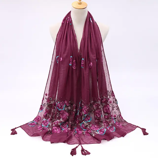 Pure Color Cotton And Linen Embroidered Hot Drilling Fringe Scarf Wine Red - Shop at LoveMi