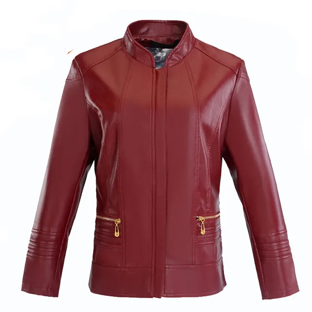 Middle aged And Elderly Women's Leather Jacket Short Stand Collar Zipper Slim Fit Dark Red - Shop at LoveMi