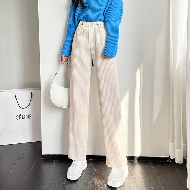 High waist Straight leg Corduroy Casual Mopping Pants Apricot - Shop at LoveMi