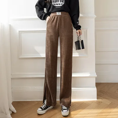 Drape High Waist Straight Slit Chenille Casual Trousers Coffee - Shop at LoveMi