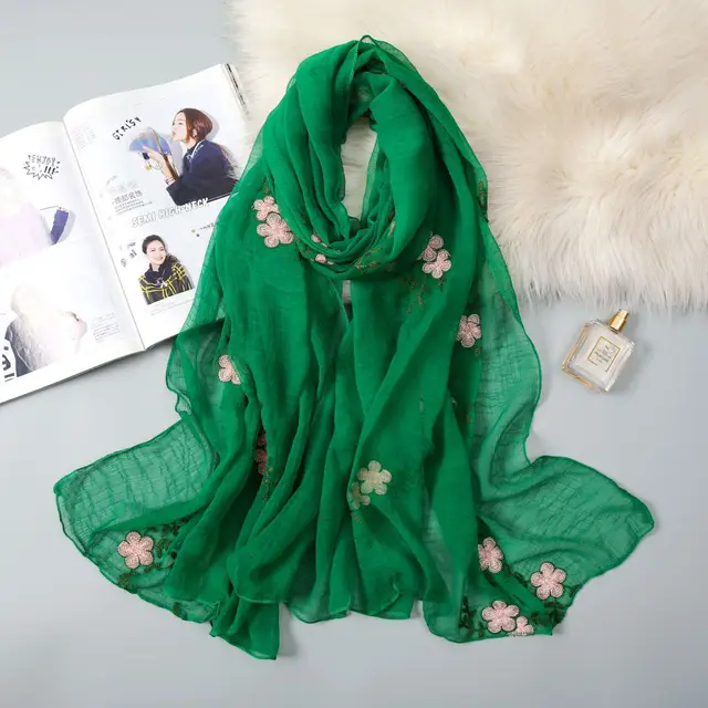 Women's Wrinkle Embroidery Silk Scarf Fashion Green - Shop at LoveMi