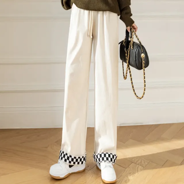 Women's Casual Wide leg Pants Plaid Stitching Corduroy Apricot - Shop at LoveMi