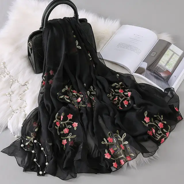 New Autumn And Winter Women's Long Embroidered Scarf Black - Shop at LoveMi