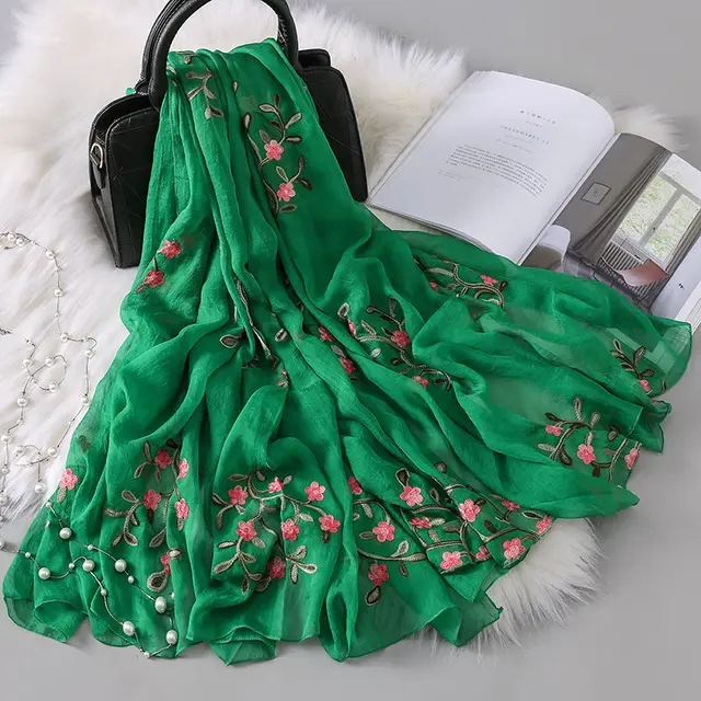 New Autumn And Winter Women's Long Embroidered Scarf Grass Green - Shop at LoveMi