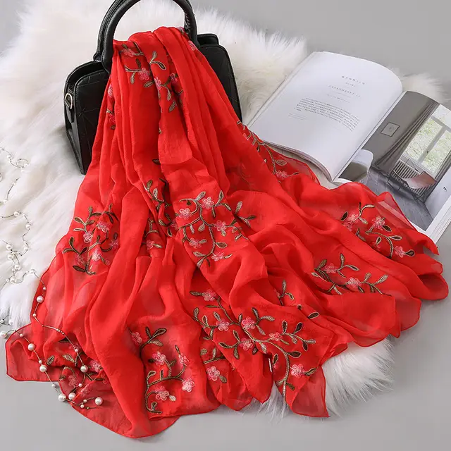 New Autumn And Winter Women's Long Embroidered Scarf Scarlet - Shop at LoveMi