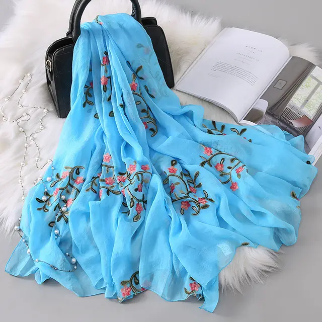 New Autumn And Winter Women's Long Embroidered Scarf Sky Blue - Shop at LoveMi