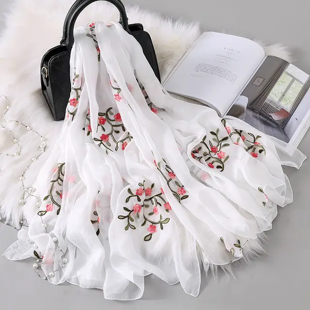 New Autumn And Winter Women's Long Embroidered Scarf White - Shop at LoveMi
