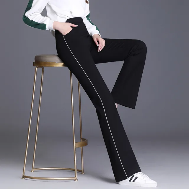 Drape Black All match Micro Flared Pants High Waist Black Silver Edge - Shop at LoveMi