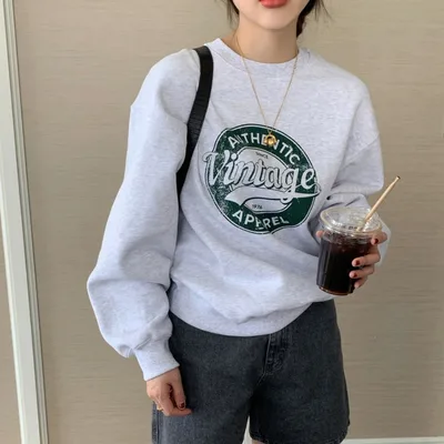 Loose Long sleeved Cotton Sweater Women Plus Cashmere Casual Top Light Grey - Shop at LoveMi