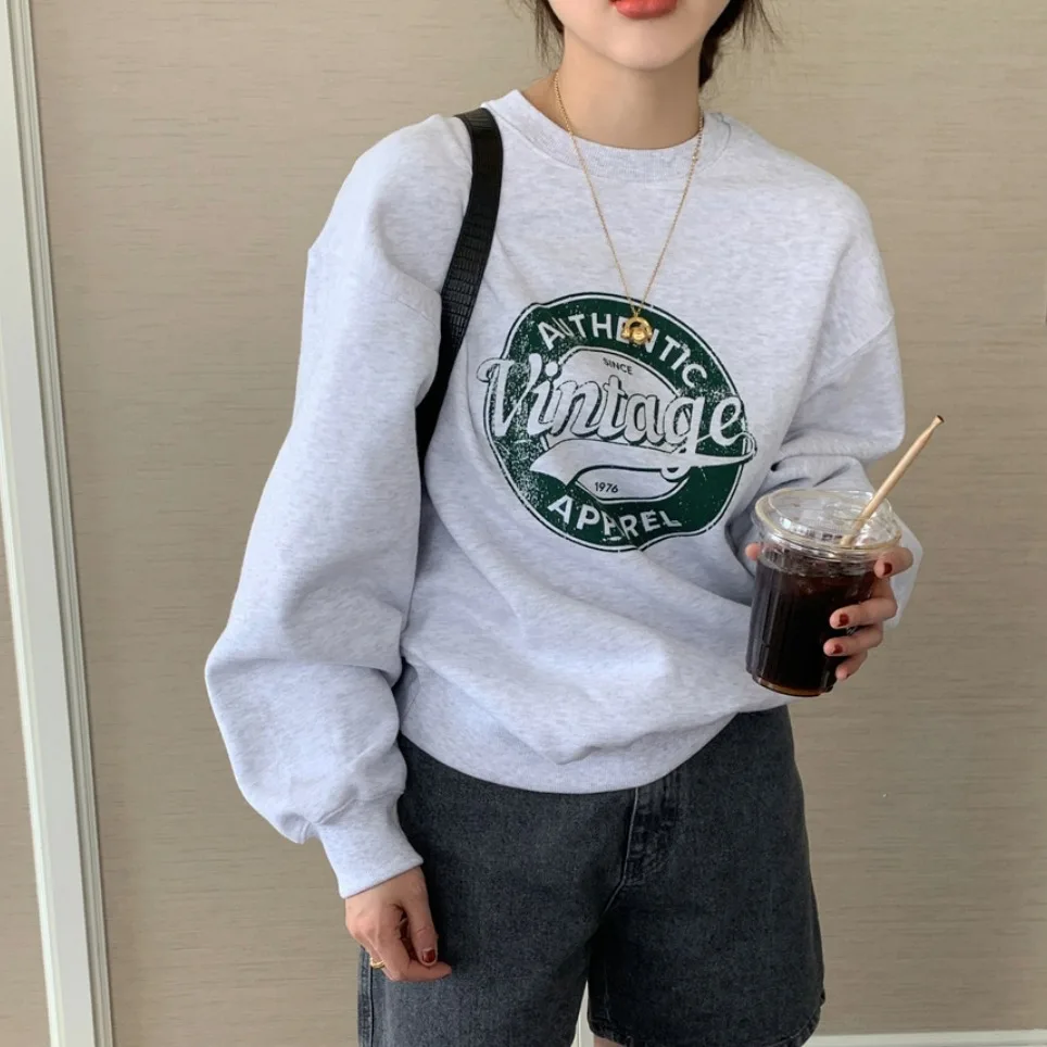 Loose Long-sleeved Cotton Sweater Women Plus Cashmere Casual Top - Light Grey