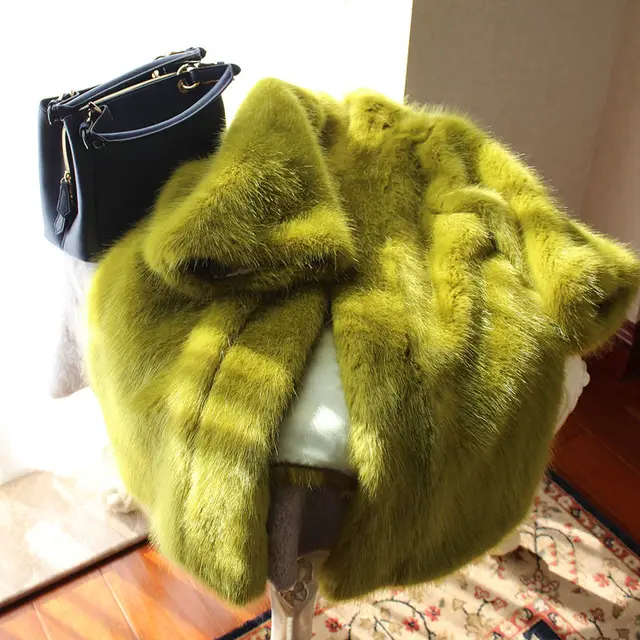Loose Mid length Mink Coat Furry Faux Fur Green - Shop at LoveMi