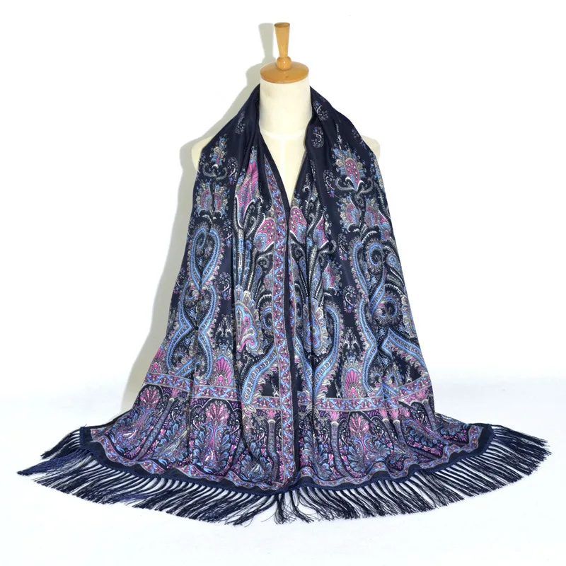 Retro Ethnic Xinjiang Cashew Print Tassel Scarf Navy Blue - Shop at LoveMi