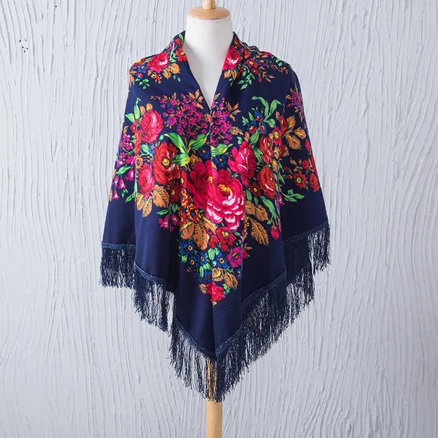 National Style Shawl Printed Tassel Warm Large Square Scarf Navy Blue - Shop at LoveMi