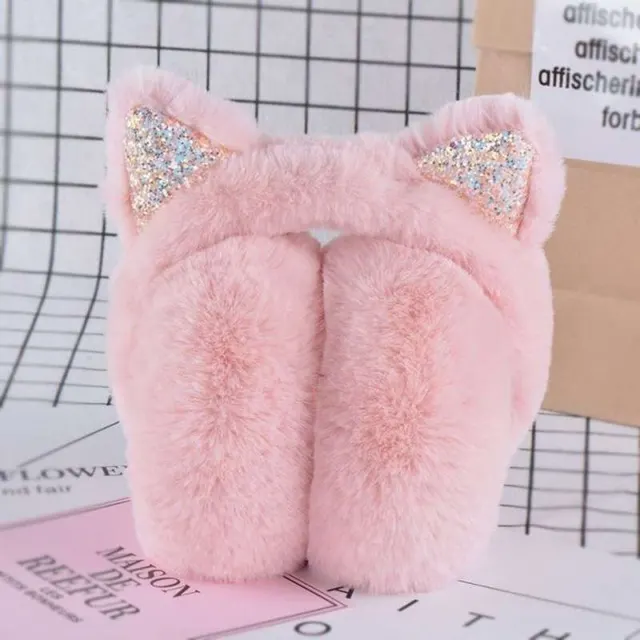 Cartoon Cat Warm Female Rabbit Fur Earmuffs Bag Pink - Shop at LoveMi