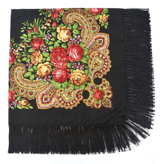 Women's Retro Print Floral Fringed Scarf Black - Shop at LoveMi