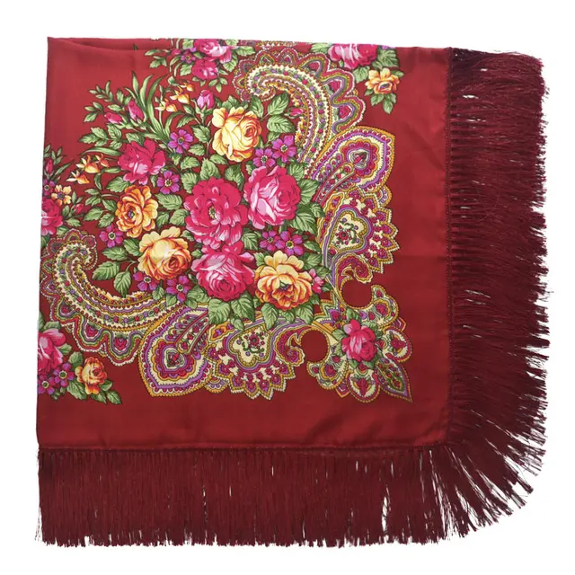 Women's Retro Print Floral Fringed Scarf Wine Red - Shop at LoveMi