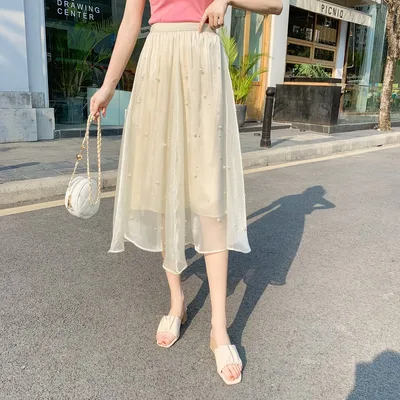 Heavy Industry Beaded Skirt Women Mid length High Waist Chiffon A line Apricot - Shop at LoveMi