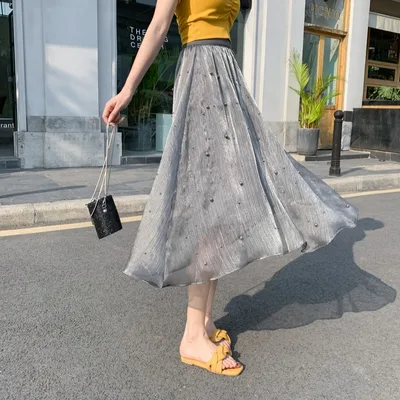 Heavy Industry Beaded Skirt Women Mid length High Waist Chiffon A line Grey - Shop at LoveMi