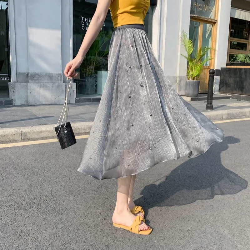 Heavy Industry Beaded Skirt Women Mid-length High Waist Chiffon A-line - Grey