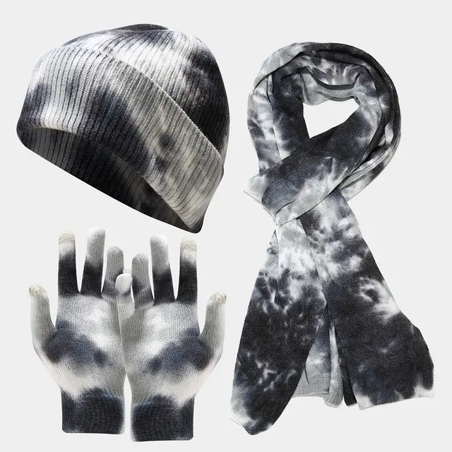 Tie dye Knitted Hat Gloves Scarf Set Ladies Black - Shop at LoveMi