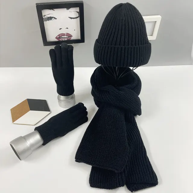 Multi piece Knitted Scarf Hat And Gloves Three piece Set Black - Shop at LoveMi