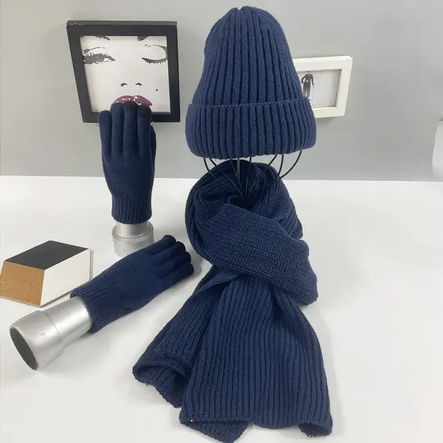 Multi piece Knitted Scarf Hat And Gloves Three piece Set Navy Blue - Shop at LoveMi