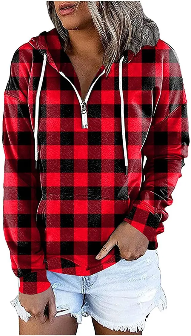 Women's Long Sleeve Loose Casual Hooded Red Plaid - Shop at LoveMi